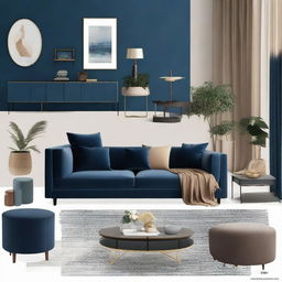 Design a living room in alignment with the provided mood board, introducing a balanced blend of contemporary and maximalist themes in shades of night blue, beige and brownstone, complete with suitable furniture arrangements and illuminating accessories.