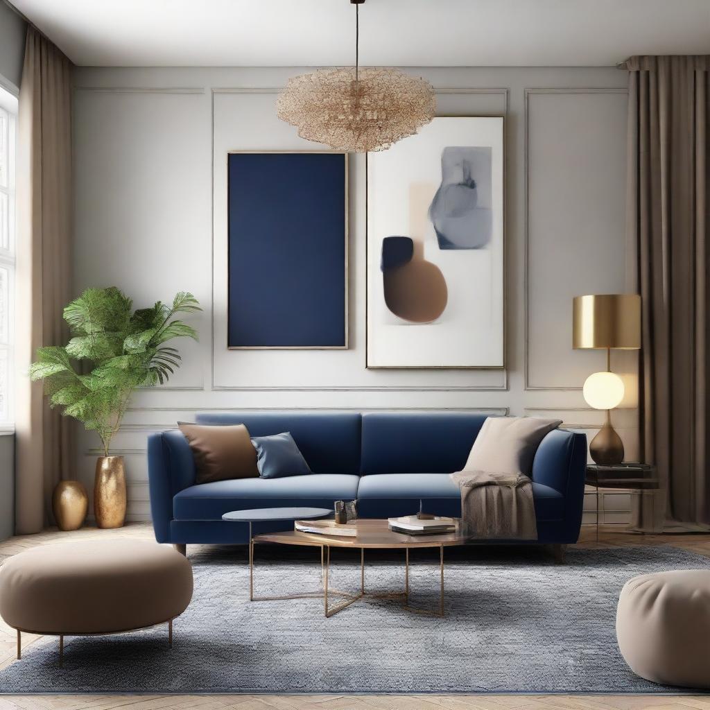 Design a living room in alignment with the provided mood board, introducing a balanced blend of contemporary and maximalist themes in shades of night blue, beige and brownstone, complete with suitable furniture arrangements and illuminating accessories.