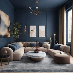 Design a living room in alignment with the provided mood board, introducing a balanced blend of contemporary and maximalist themes in shades of night blue, beige and brownstone, complete with suitable furniture arrangements and illuminating accessories.