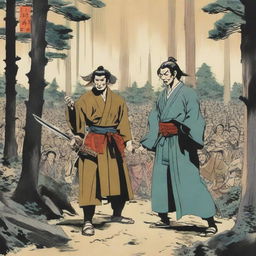 Two men, one wielding a knife, the other a samurai sword, standing in a forest surrounded by watching crowd