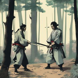 Two men, one wielding a knife, the other a samurai sword, standing in a forest surrounded by watching crowd