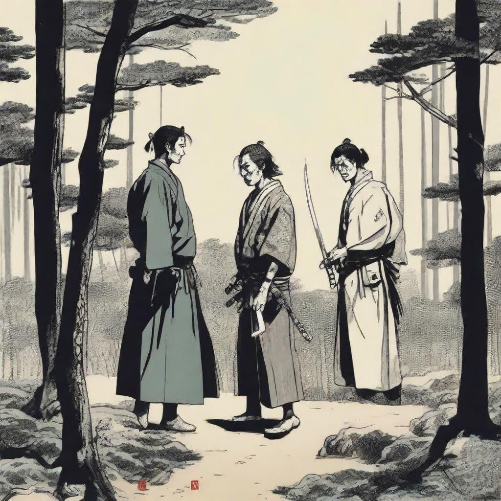 Two men, one wielding a knife, the other a samurai sword, standing in a forest surrounded by watching crowd