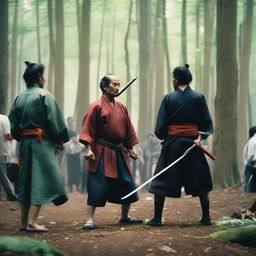 Two men, one wielding a knife, the other a samurai sword, standing in a forest surrounded by watching crowd