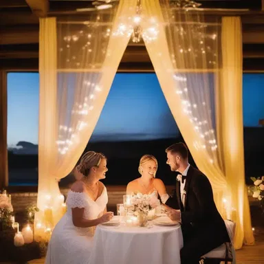 The couple celebrated their anniversary with a candlelit dinner surrounded by glass wool drapes, creating a dreamy and romantic atmosphere.