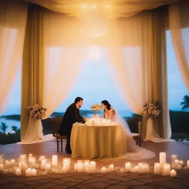 The couple celebrated their anniversary with a candlelit dinner surrounded by glass wool drapes, creating a dreamy and romantic atmosphere.