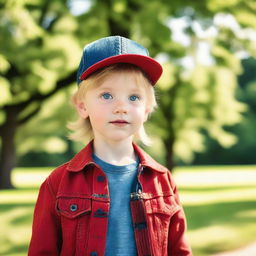 A young boy with expressive blue eyes, wearing a red cap and a denim jacket, standing in a sunny park surrounded by lush greenery.