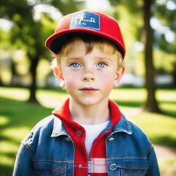 A young boy with expressive blue eyes, wearing a red cap and a denim jacket, standing in a sunny park surrounded by lush greenery.