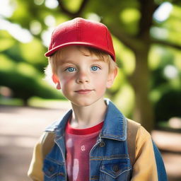 A young boy with expressive blue eyes, wearing a red cap and a denim jacket, standing in a sunny park surrounded by lush greenery.