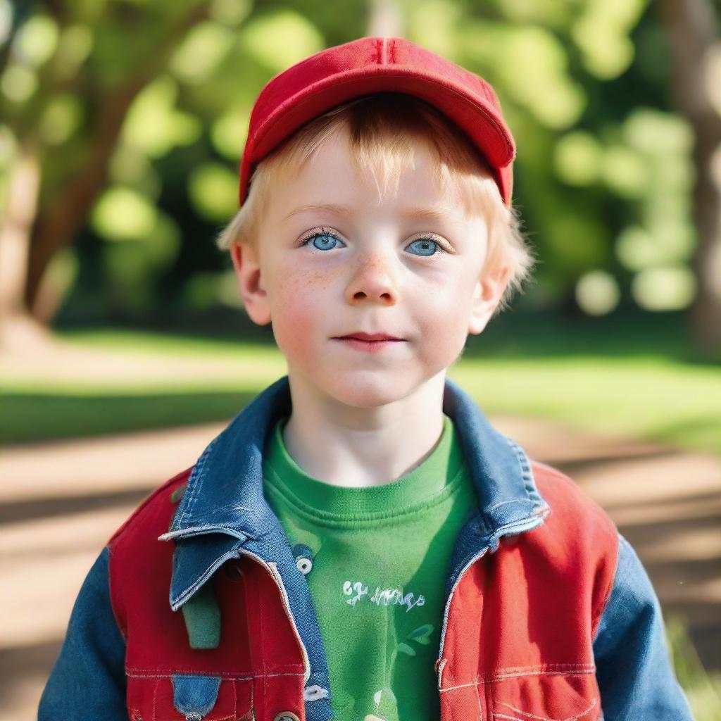 A young boy with expressive blue eyes, wearing a red cap and a denim jacket, standing in a sunny park surrounded by lush greenery.