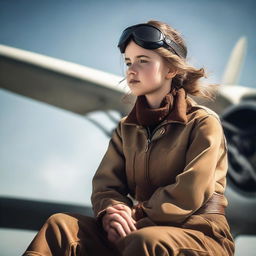 A young pilot girl confidently sitting on the wing of a vintage airplane, her flight suit blowing gently in the breeze under a clear sky.