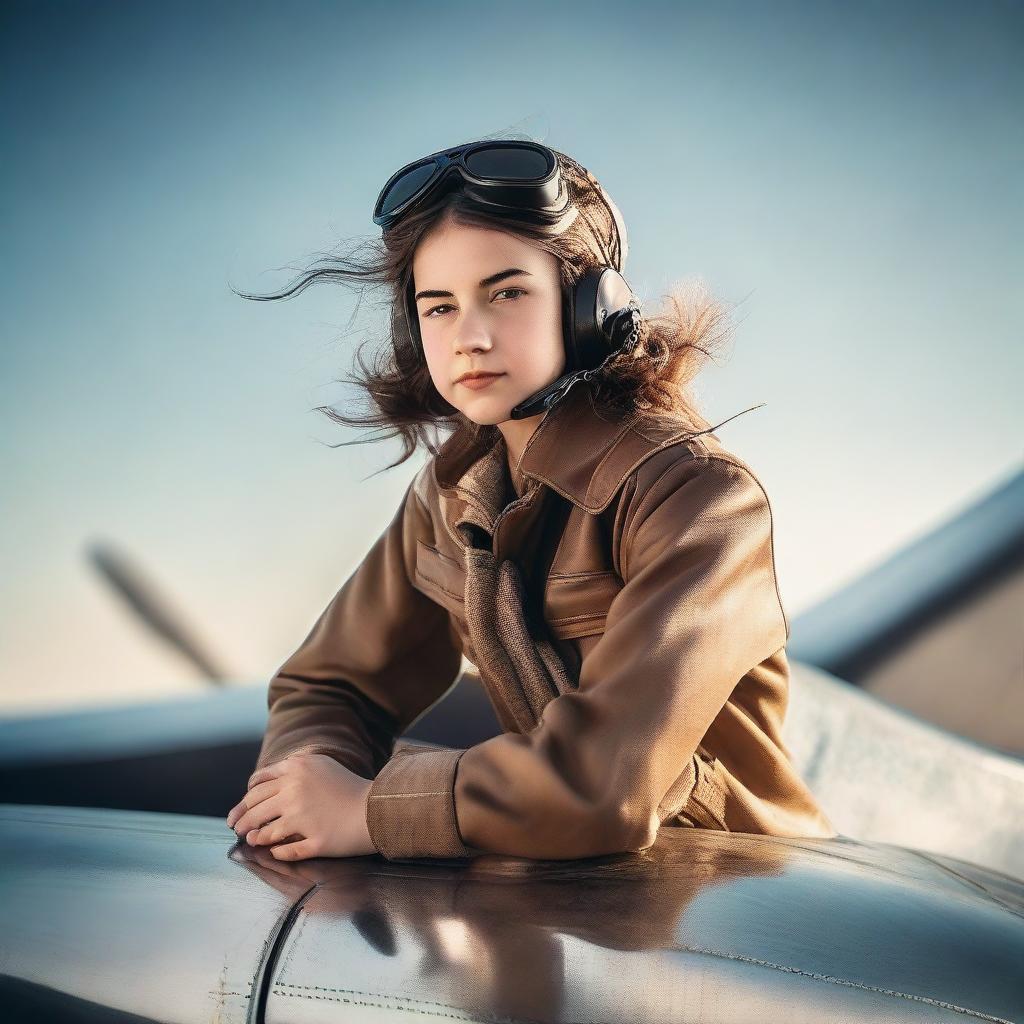 A young pilot girl confidently sitting on the wing of a vintage airplane, her flight suit blowing gently in the breeze under a clear sky.