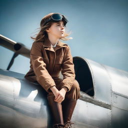 A young pilot girl confidently sitting on the wing of a vintage airplane, her flight suit blowing gently in the breeze under a clear sky.