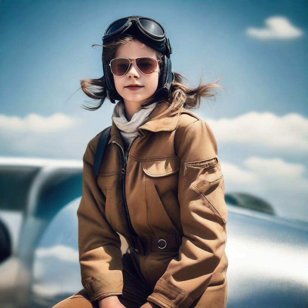 A young pilot girl confidently sitting on the wing of a vintage airplane, her flight suit blowing gently in the breeze under a clear sky.