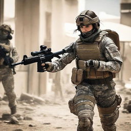 An AFMC army girl in full combat gear boldly taking on a terrorist in a tense combat situation. She exudes power, determination, and strength amidst the chaos.