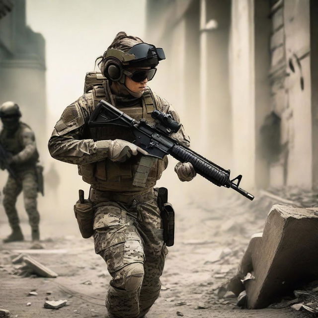 An AFMC army girl in full combat gear boldly taking on a terrorist in a tense combat situation. She exudes power, determination, and strength amidst the chaos.