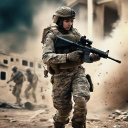 An AFMC army girl in full combat gear boldly taking on a terrorist in a tense combat situation. She exudes power, determination, and strength amidst the chaos.