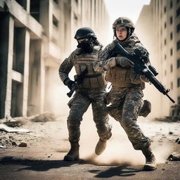 An AFMC army girl in full combat gear boldly taking on a terrorist in a tense combat situation. She exudes power, determination, and strength amidst the chaos.