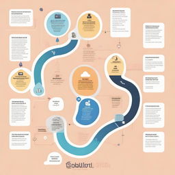 An infographic showcasing the customer journey at Evolvily, a social media marketing agency. Illustrate the close collaboration process, from onboarding, strategy development, content creation, to metrics analysis and optimization.