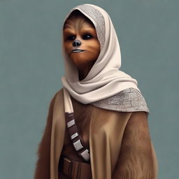 Chewbacca, the heroic Wookiee from Star Wars, donned in a beautifully designed hijab.