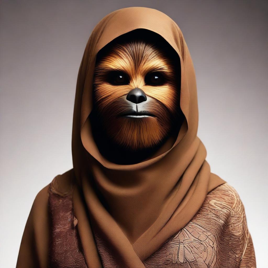 Chewbacca, the heroic Wookiee from Star Wars, donned in a beautifully designed hijab.