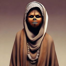 Chewbacca, the heroic Wookiee from Star Wars, donned in a beautifully designed hijab.