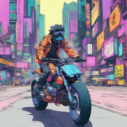 Biomechanical boys riding a futuristic sport bike in the vibrant cityscape of Neo Tokyo