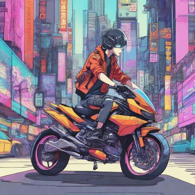 Biomechanical boys riding a futuristic sport bike in the vibrant cityscape of Neo Tokyo