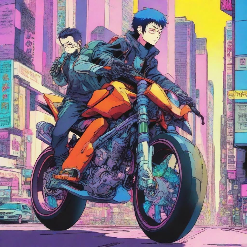 Biomechanical boys riding a futuristic sport bike in the vibrant cityscape of Neo Tokyo