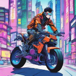 Biomechanical boys riding a futuristic sport bike in the vibrant cityscape of Neo Tokyo