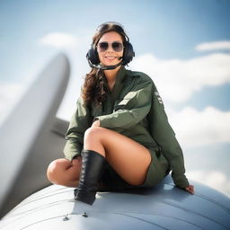 A young female pilot in her uniform confidently sitting on top of an airplane under a clear sky.