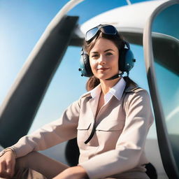 A young female pilot in her uniform confidently sitting on top of an airplane under a clear sky.