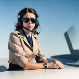 A young female pilot in her uniform confidently sitting on top of an airplane under a clear sky.