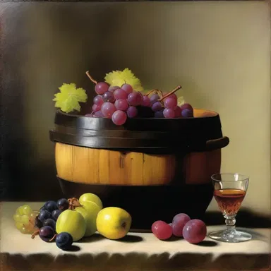 The still-life painting depicted a wine cask placed prominently in the foreground, symbolizing abundance and indulgence.