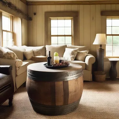 The rustic charm of the vineyard was brought indoors with a wine cask repurposed as a unique coffee table in the living room.