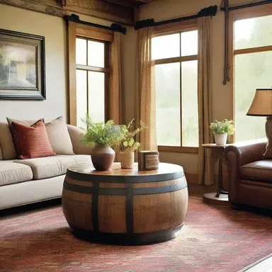 The rustic charm of the vineyard was brought indoors with a wine cask repurposed as a unique coffee table in the living room.