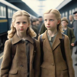 A hyper-realistic, photorealistic and cinematic image of a 13-year-old boy with blond hair and an 11-year-old girl with dark hair at a train station during the Second World War, with a woman approaching the girl and other children being adopted in the background.