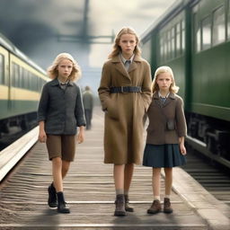 A hyper-realistic, photorealistic and cinematic image of a 13-year-old boy with blond hair and an 11-year-old girl with dark hair at a train station during the Second World War, with a woman approaching the girl and other children being adopted in the background.