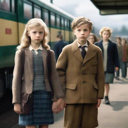 A hyper-realistic, photorealistic and cinematic image of a 13-year-old boy with blond hair and an 11-year-old girl with dark hair at a train station during the Second World War, with a woman approaching the girl and other children being adopted in the background.