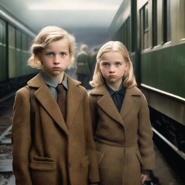 A hyper-realistic, photorealistic and cinematic image of a 13-year-old boy with blond hair and an 11-year-old girl with dark hair at a train station during the Second World War, with a woman approaching the girl and other children being adopted in the background.