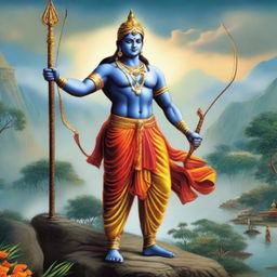 A grand image of the divine figure, Lord Rama, clad in his traditional attire as a warrior, proudly holding a bow amidst a scenic backdrop.