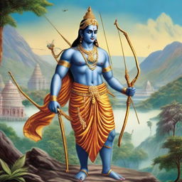 A grand image of the divine figure, Lord Rama, clad in his traditional attire as a warrior, proudly holding a bow amidst a scenic backdrop.