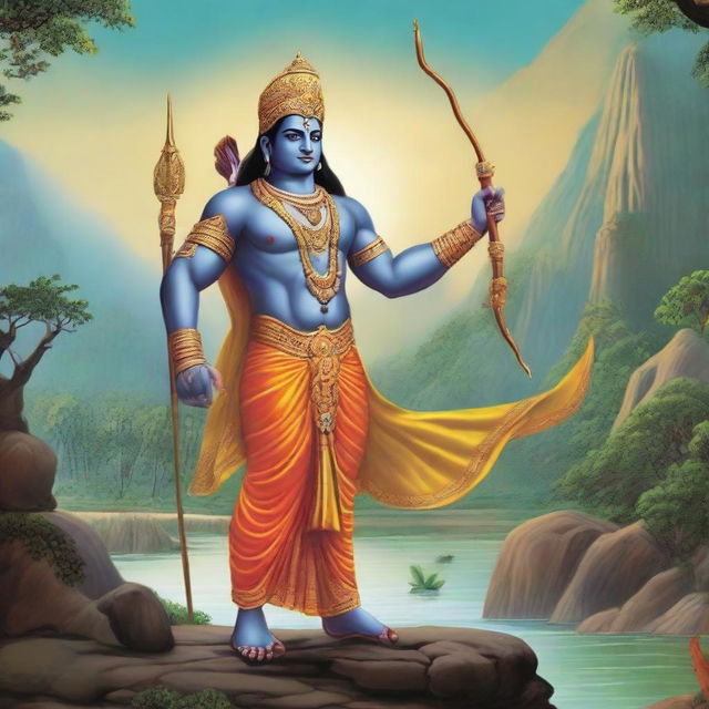 A grand image of the divine figure, Lord Rama, clad in his traditional attire as a warrior, proudly holding a bow amidst a scenic backdrop.