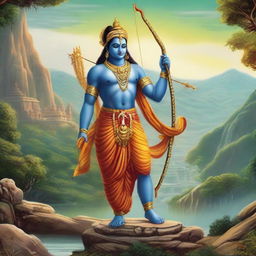 A grand image of the divine figure, Lord Rama, clad in his traditional attire as a warrior, proudly holding a bow amidst a scenic backdrop.