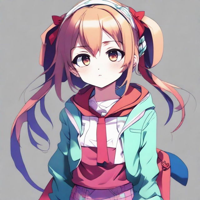 A vibrant anime girl with large expressive eyes, wearing a cute outfit.