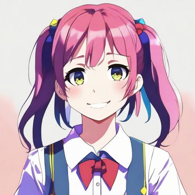 A teen anime girl with colorful hair, wearing a stylish school uniform, with a friendly smile.