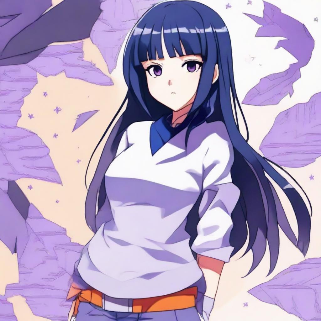 A colorful depiction of Hinata, from the anime Naruto, with her lavender eyes and dark blue hair, wearing her iconic outfit.