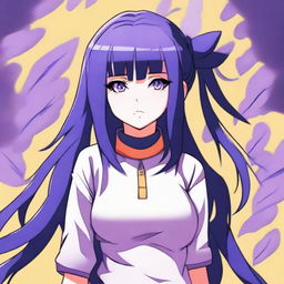 A colorful depiction of Hinata, from the anime Naruto, with her lavender eyes and dark blue hair, wearing her iconic outfit.