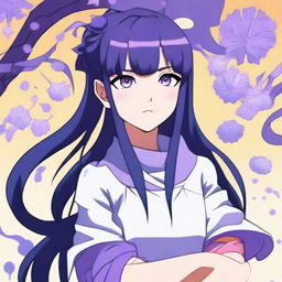 A colorful depiction of Hinata, from the anime Naruto, with her lavender eyes and dark blue hair, wearing her iconic outfit.