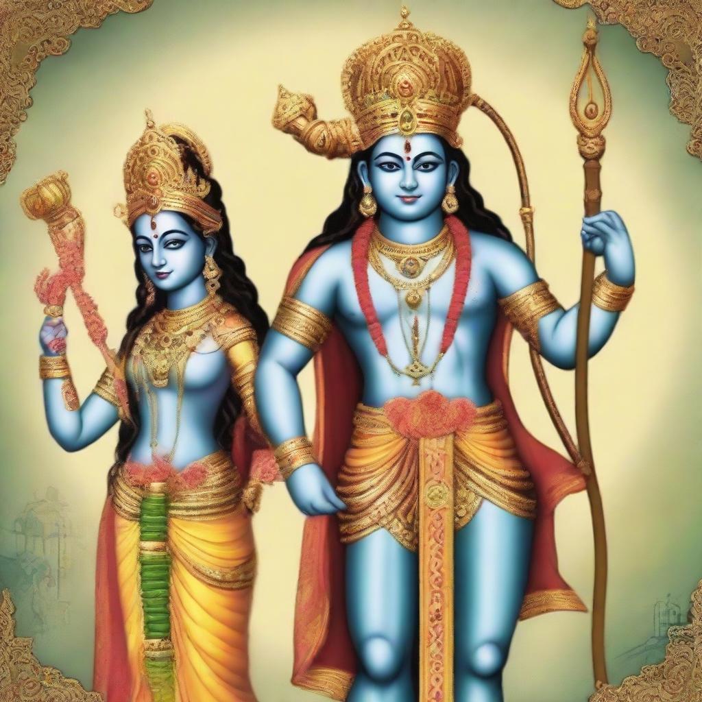 A 25 year old dignified Lord Rama, warrior, with Sita Mata, Sri Lakshman, and a bow, representing Indian mythology