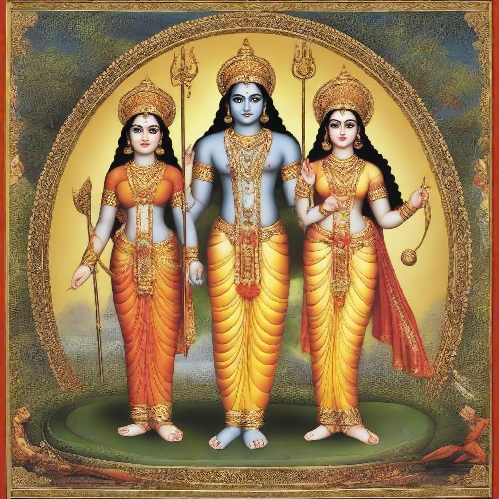 A 25 year old dignified Lord Rama, warrior, with Sita Mata, Sri Lakshman, and a bow, representing Indian mythology